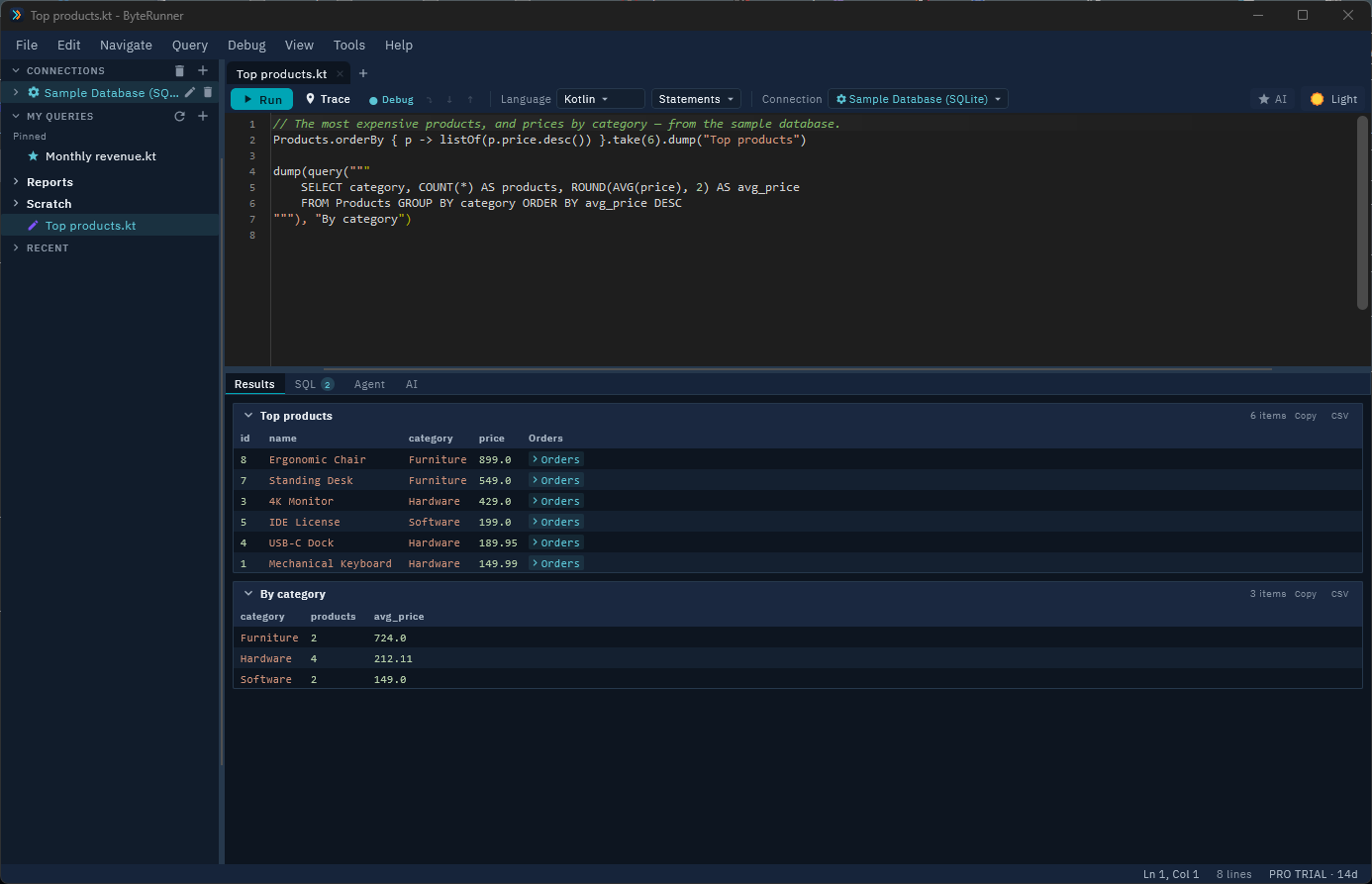 ByteRunner running a Kotlin query on the sample database: the typed table API and a SQL query each show a sortable table in the Results pane