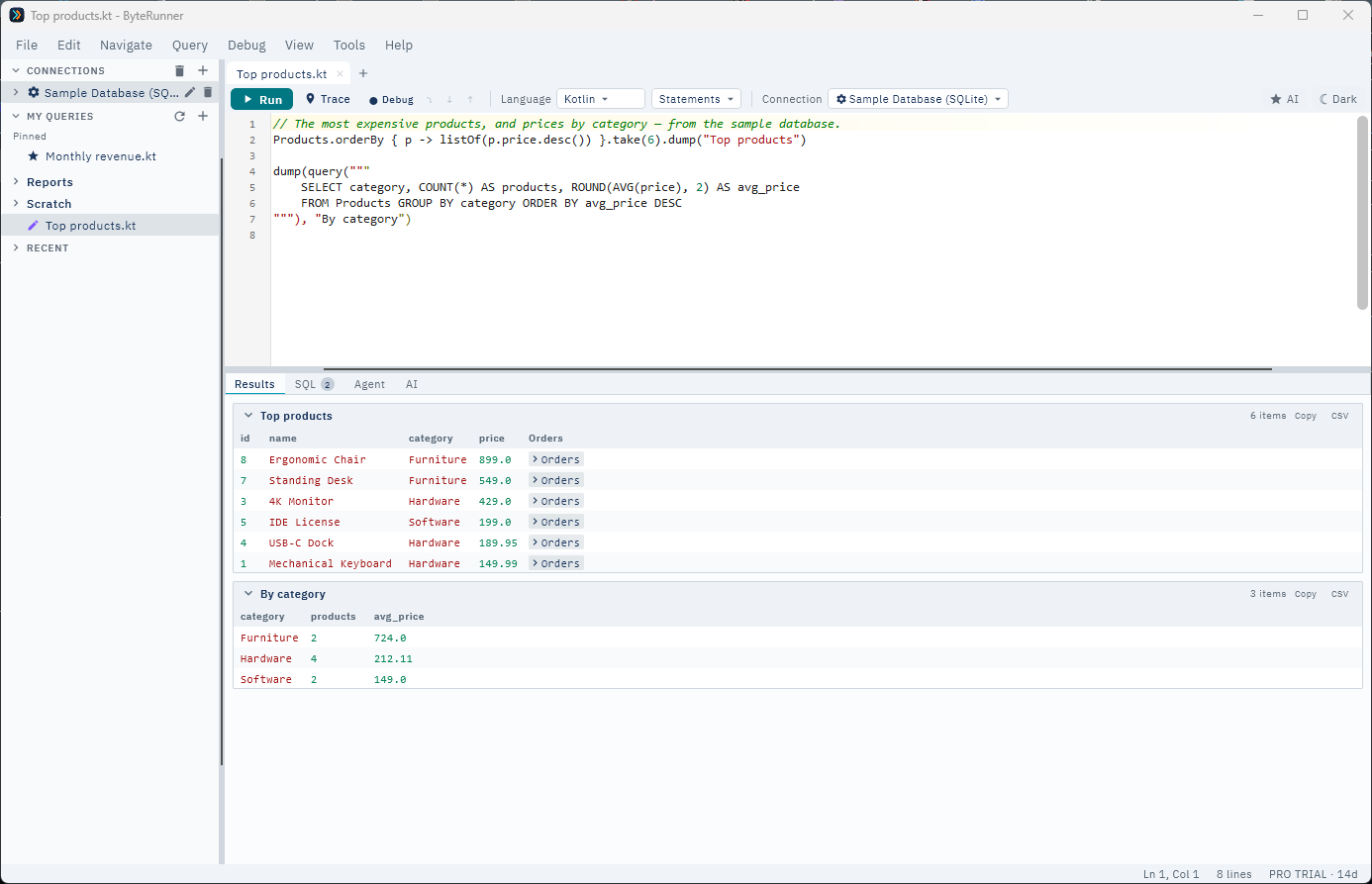 ByteRunner running a Kotlin query on the sample database: the typed table API and a SQL query each show a sortable table in the Results pane