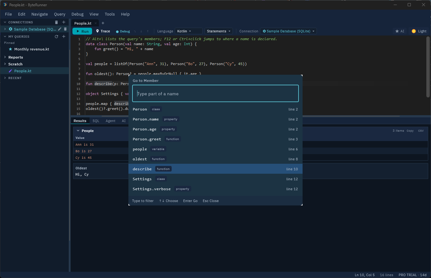 Go to Member open over a Kotlin query, listing its class, properties and functions with their line numbers