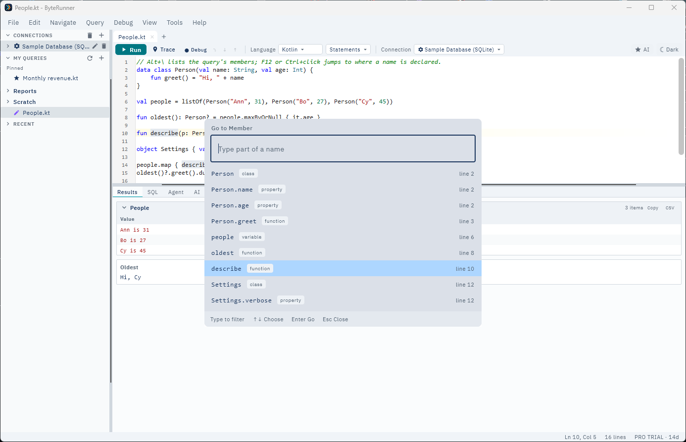 Go to Member open over a Kotlin query, listing its class, properties and functions with their line numbers