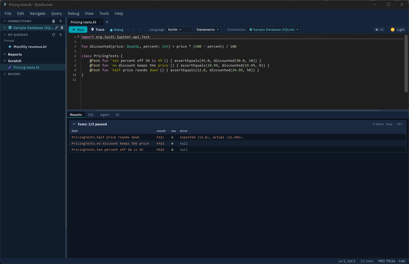 Run Tests reporting pass/fail per test, with the failure's expected and actual values and timings