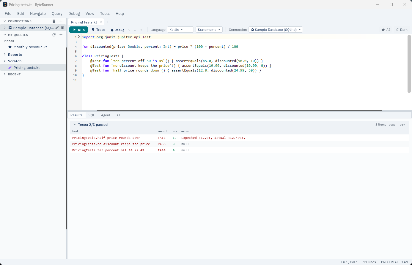 Run Tests reporting pass/fail per test, with the failure's expected and actual values and timings
