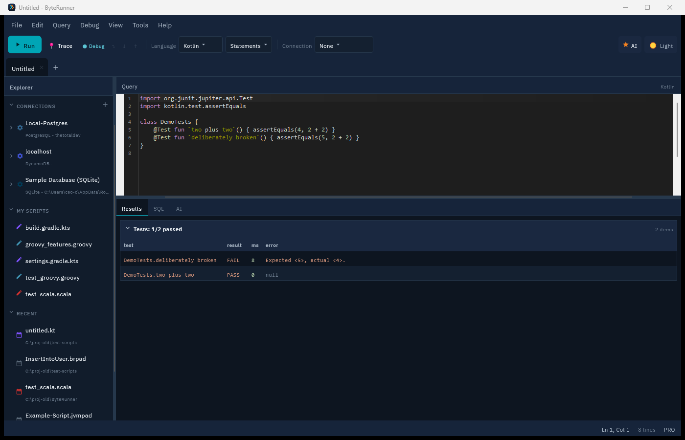 Run Tests reporting pass/fail per test with failure messages and timings